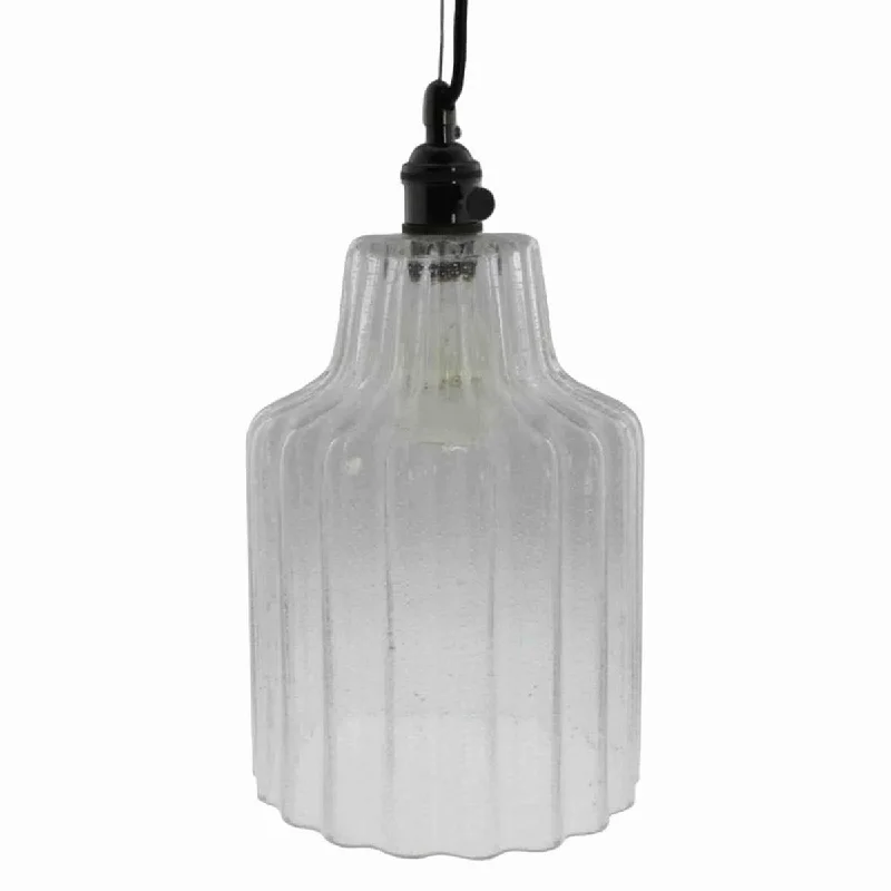 Rustic Ceiling Lights with Reclaimed Wood and Distressed FinishesRustic Ceiling Lights with Reclaimed Wood and Distressed FinishesBenzara BM209873 Corrugated Glass Pendant Light with Metal Hardware, Large, Clear and Black