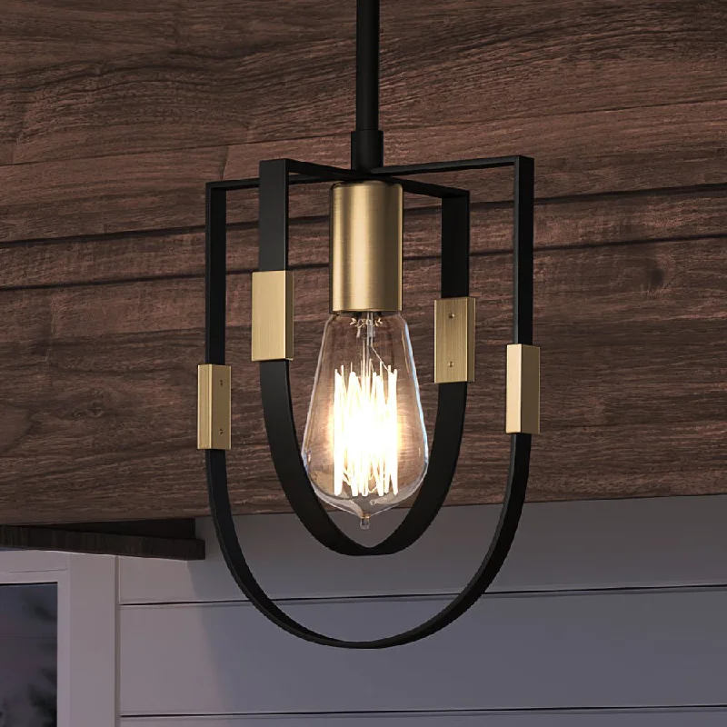 Metal Ceiling Lights in Brass, Copper, Stainless Steel, and IronMetal Ceiling Lights in Brass, Copper, Stainless Steel, and IronUEX2176 Luxe Industrial Pendant 11''H x 8''W, Matte Black & Satin Brass Finish, Bellevue Collection