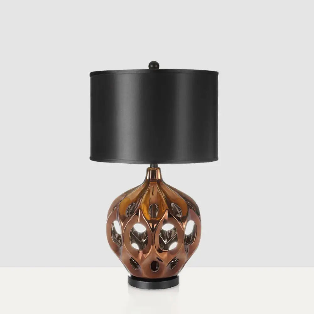 wooden table lamps with natural grain for a warm and organic feelwooden table lamps with natural grain for a warm and organic feelHollowed Out Ceramic Jar Nightstand Lamp - Retro 1-Bulb Table Lighting in Gold/Rose Gold with Black Drum Shade